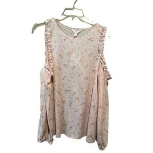 LC Lauren Conrad Blouse Top Women's Size L Pink Floral Long Cold Shoulder Sleeve